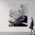 Abstract Painting With Blue Red Black Tones And Textured Layers On White Wall