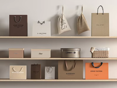 Various Branded Shopping Bags And Storage Boxes Displayed On Organized Wooden Shelves 3d model