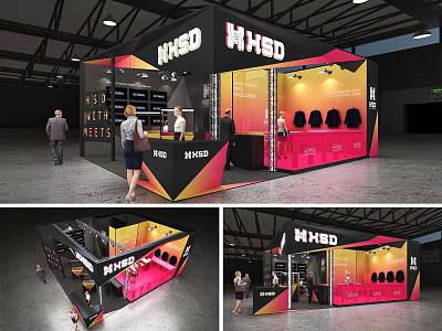 NHSD Exhibition Booth Modern Design With People Visiting Display Shelves And Lighting 3d model
