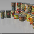 Various Stacked Canned Food With Colorful Labels And Different Brands
