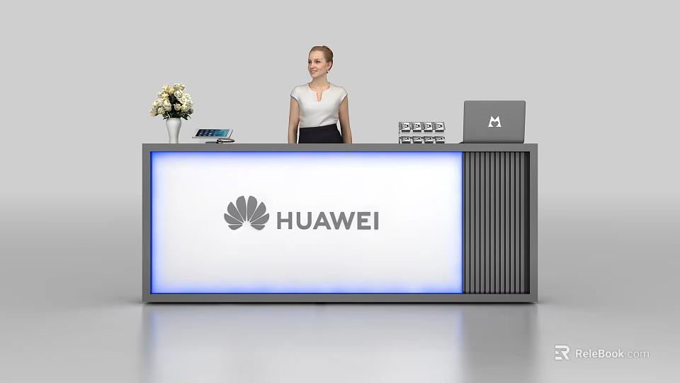 Huawei Branded Reception Desk With Receptionist Laptop Phone And Flower Arrangement 3d model 