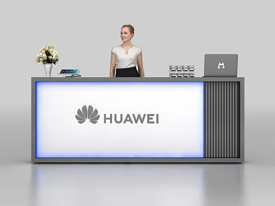 Huawei Branded Reception Desk With Receptionist Laptop Phone And Flower Arrangement 3d model