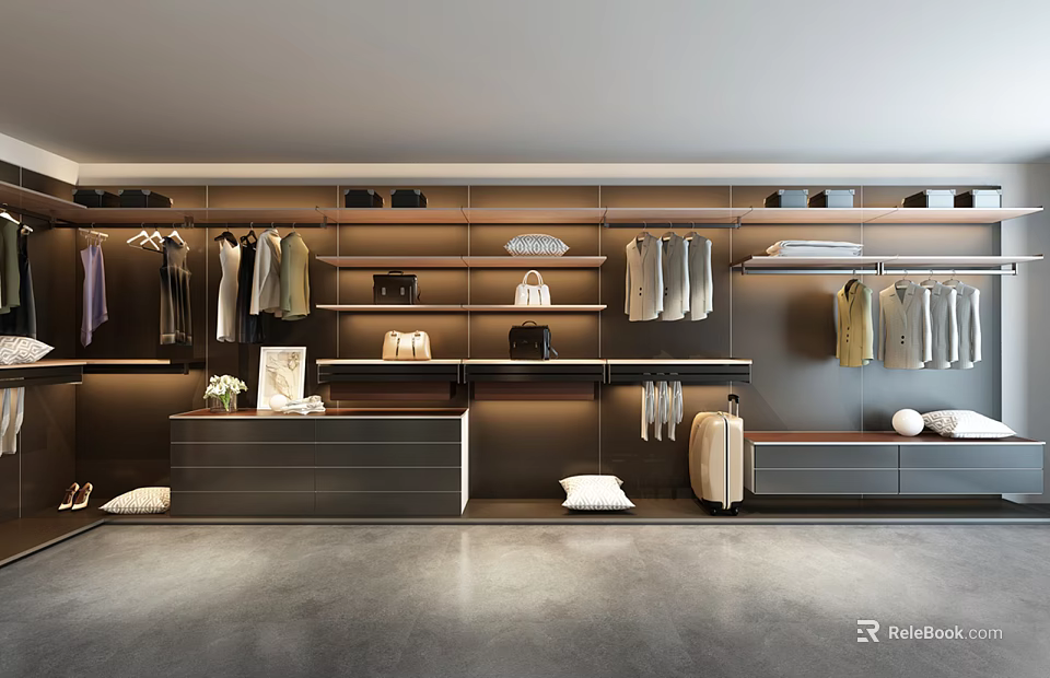 Modern Walk in Wardrobe with Hanging Areas Bags Shoes Drawers and Shelves 3d model 