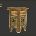 Elegant Hexagonal Side Table With Red And Gold Decorations And Intricate Carvings