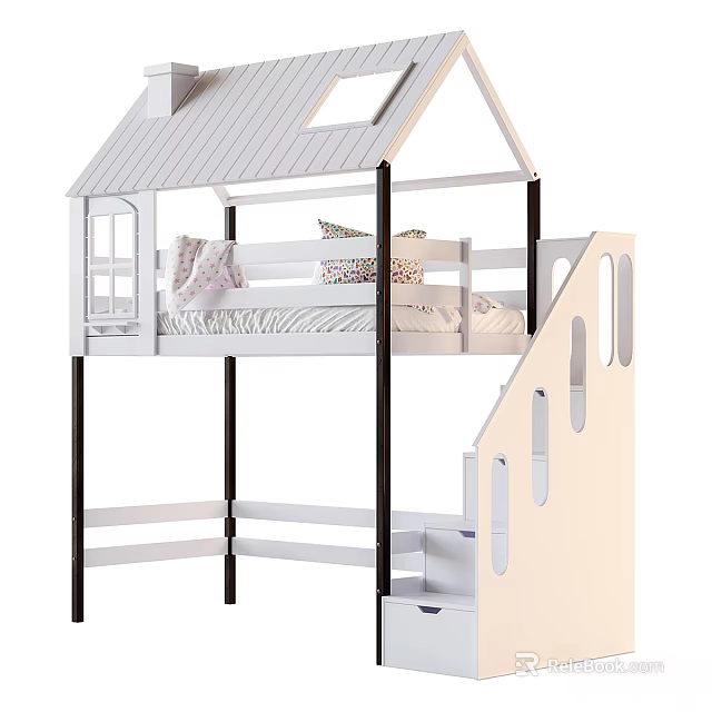 Raised White Kids Bed with House Shaped Roof Black Pillars and Stairs with Drawers 3d model 