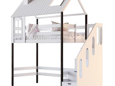 Raised White Kids Bed with House Shaped Roof Black Pillars and Stairs with Drawers 3d model