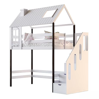 Raised White Kids Bed with House Shaped Roof Black Pillars and Stairs with Drawers 3d model
