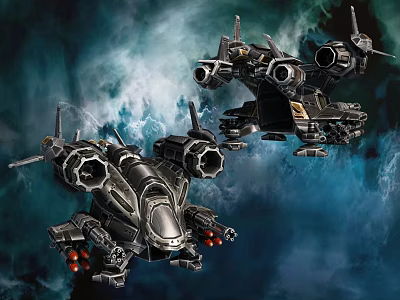 Futuristic Fighter Jets Against Cosmic Starry Space Background With Multiple Engines And Weapon Systems 3d model