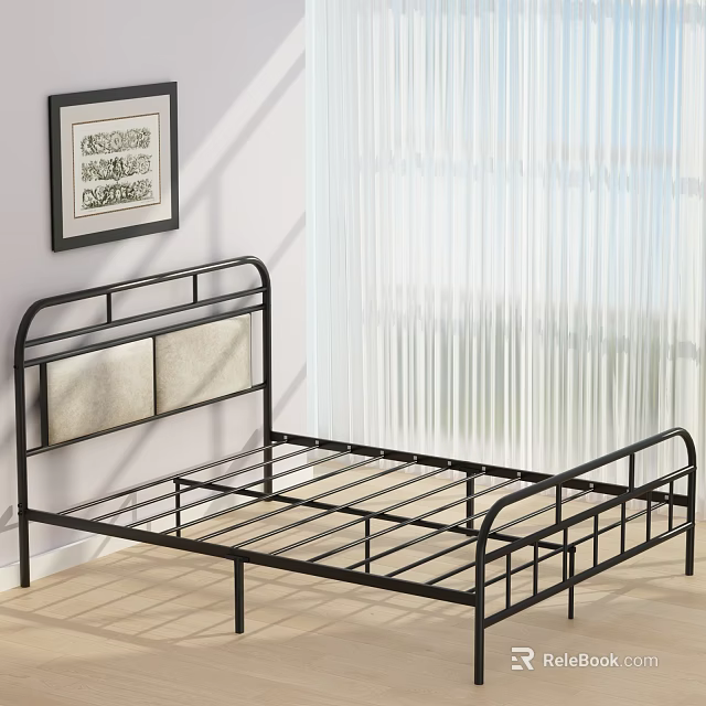 Black Metal Bed Frame With Upholstered Headboard In Simple Bedroom With Window Curtain 3d model 