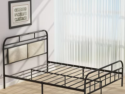 Black Metal Bed Frame With Upholstered Headboard In Simple Bedroom With Window Curtain 3d model