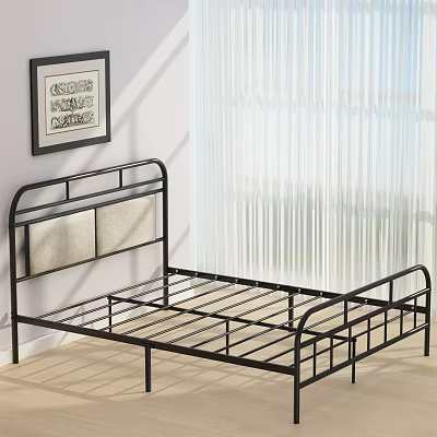 Black Metal Bed Frame With Upholstered Headboard In Simple Bedroom With Window Curtain 3d model