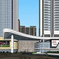 Urban Commercial Complex With Modern Architecture High Rise Buildings Glass Curtain Walls And Pedestrians