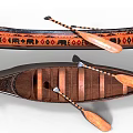 Traditional Wooden Canoes With Colorful Animal And Geometric Patterns And Wooden Paddles
