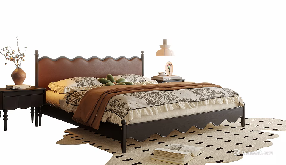Stylish Double Bed with Scalloped Headboard Nightstand Table Lamp and Floral Bedding on Patterned Rug 3d model 
