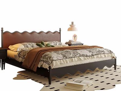 Stylish Double Bed with Scalloped Headboard Nightstand Table Lamp and Floral Bedding on Patterned Rug 3d model