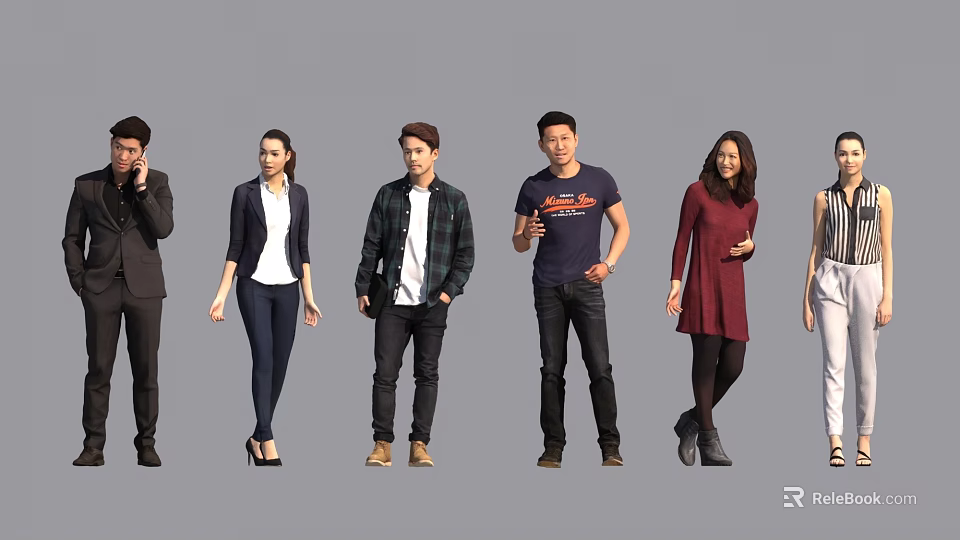 Group of Diverse People Standing in Various Casual and Formal Outfits 3d model 