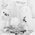 Cute White Bear Kids Toy Figurines With Small Houses Cakes Carrots And Blue Sky