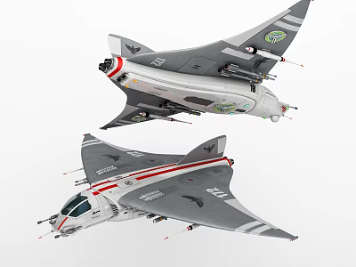 Modern Fighter Jets with Gray Body Red Stripes Wing Logos and Weapon Mounts 3d model
