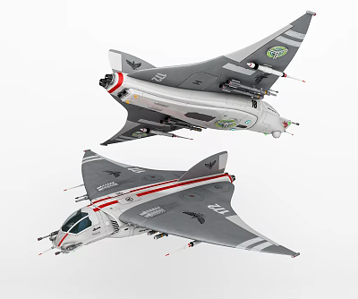 Modern Fighter Jets with Gray Body Red Stripes Wing Logos and Weapon Mounts 3d model