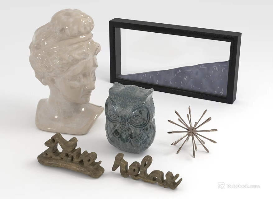 Decorative Ornament Set With White Bust Sculpture Black Frame Gray Owl Star And Metal Letters 3d model 