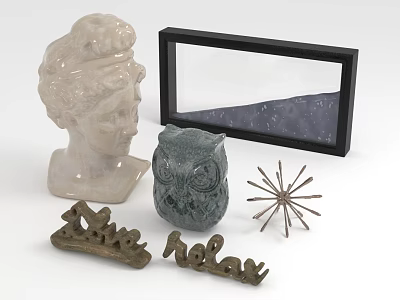 Decorative Ornament Set With White Bust Sculpture Black Frame Gray Owl Star And Metal Letters 3d model