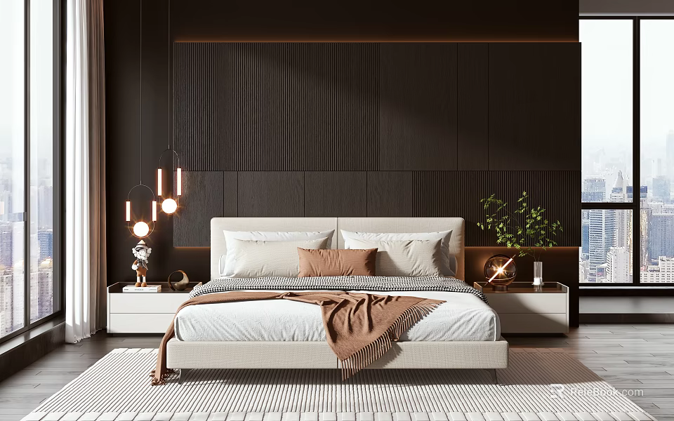 Modern Double Bed With Plush Pillows Brown Throw And Dark Wood Panel Wall 3d model