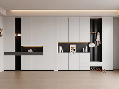 Modern White Shoe Cabinet With Open Shelves Coat Hooks And Integrated Storage Design 3d model