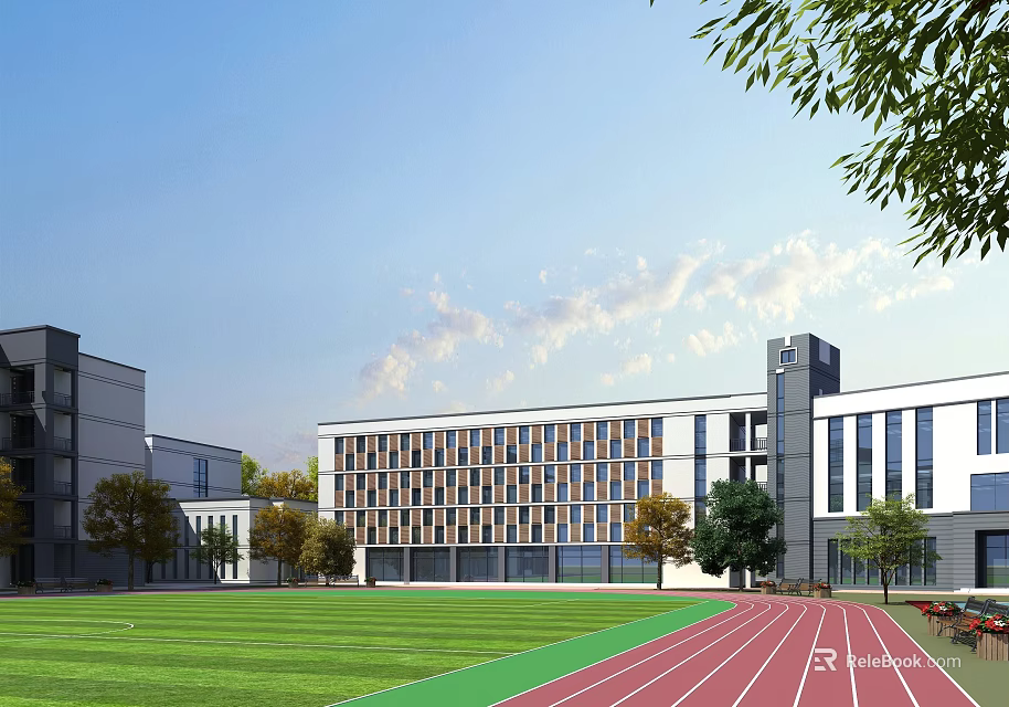 Modern School Building Campus With Green Playground Red Track Trees And Classroom Windows 3d model