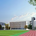Modern School Building Campus With Green Playground Red Track Trees And Classroom Windows 3d model