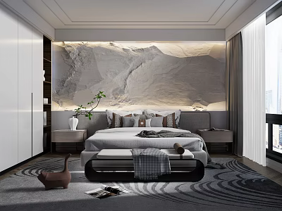 Modern Bedroom Interior Design With Stone Texture Headboard Wall Bed Nightstands And Decorative Rug 3d model
