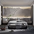 Modern Bedroom Interior Design With Stone Texture Headboard Wall Bed Nightstands And Decorative Rug