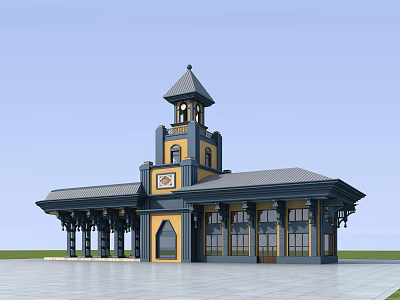 Yellow And Dark Blue Building With Clock Tower Gabled Roof Columns And Windows 3d model