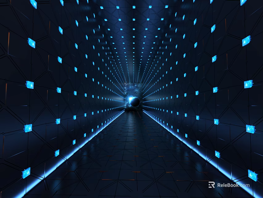 Futuristic Elevator Corridor With Illuminated Blue Lights Geometric Wall Panels And Dark Floor Design 3d model