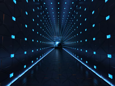 Futuristic Elevator Corridor With Illuminated Blue Lights Geometric Wall Panels And Dark Floor Design 3d model