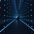 Futuristic Elevator Corridor With Illuminated Blue Lights Geometric Wall Panels And Dark Floor Design 3d model