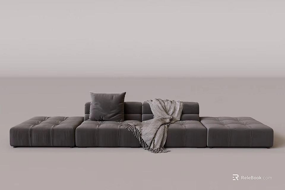 Modern Gray Sectional Sofa With Soft Cushion Throw Blanket And Minimalist Design 3d model