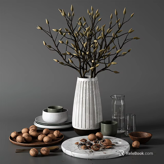 Modern Tableware Set With Ceramic Bowls Plates Glass Cups Textured Vase And Decorative Walnuts 3d model 