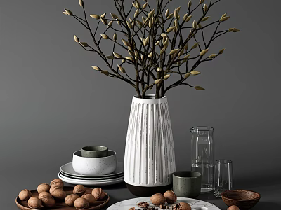 Modern Tableware Set With Ceramic Bowls Plates Glass Cups Textured Vase And Decorative Walnuts 3d model