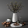 Modern Tableware Set With Ceramic Bowls Plates Glass Cups Textured Vase And Decorative Walnuts