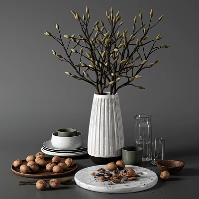 Modern Tableware Set With Ceramic Bowls Plates Glass Cups Textured Vase And Decorative Walnuts 3d model