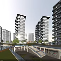Modern High rise Residential Buildings With Balconies Green Lawn And Pool Area