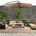 Modern Outdoor Sofa Set With Fire Pit Large Umbrella And Green Plants On Wooden Deck