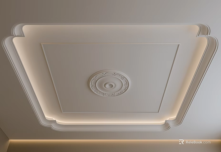 Elegant White Ceiling Design With Decorative Medallion And LED Strip Lights 3d model