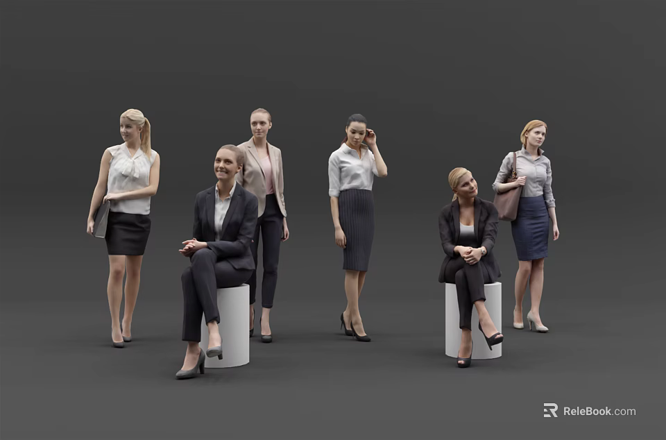 Professional Women In Business Attire Standing And Sitting In Modern Studio 3d model 