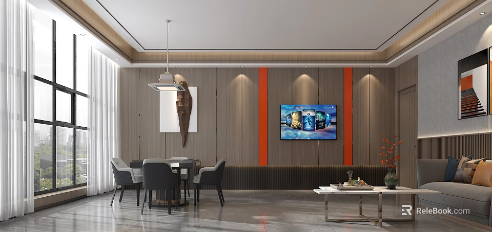 Modern Hotel Mahjong Room Interior With Tables Chairs TV And Decorative Elements 3d model 