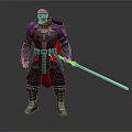 Detailed Red Skinned Warrior In Helmeted Armored Outfit Holding Red Lightsaber