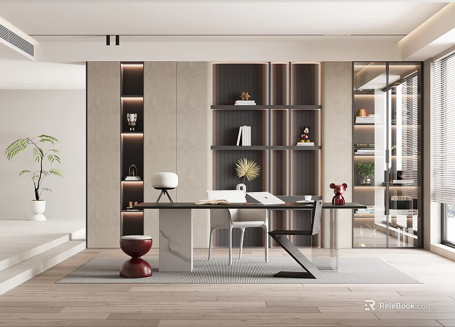 Modern Study Room Interior Design With Bookshelves Desk Chair Plants And Floor to Ceiling Windows 3d model 