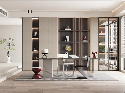 Modern Study Room Interior Design With Bookshelves Desk Chair Plants And Floor to Ceiling Windows 3d model