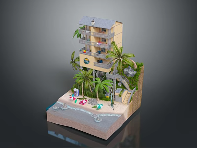 Multi Story Yellow Beachfront Building Model With Palm Trees And Colorful Beach Umbrellas 3d model