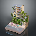 Multi Story Yellow Beachfront Building Model With Palm Trees And Colorful Beach Umbrellas